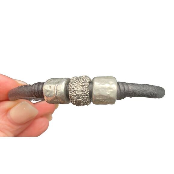 Lizzy James black leather and three silver beaded bracelet with hook clasp - Picture 5 of 7